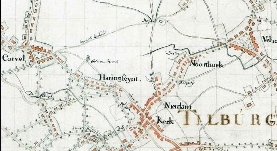 2, Molen 02648 b Korvelsche Molen (1e) (Tilburg), Fragment van de plattegrond van H. Verhees van 1790. Het noorden ligt rechts. Links de driehoekige kern van de herdgang Korvel, thans het Korvelplein. Rechts daarvan, in de richting van het Haringseind, de Korvelse molen. | Database Nederlandse molens