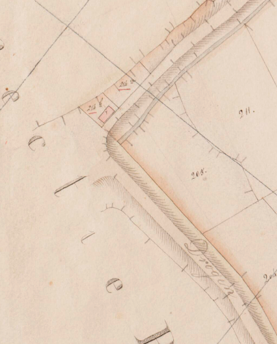 2, Molen 17359 (korenmolen) (Zuidland), Kadastrale kaart 1811-1832: minuutplan Zuidland, Zuid-Holland, sectie C, blad 01&nbsp;
Pieter de Gilde woonde naast zijn molen in het woonhuis op 214a | Database Nederlandse molens