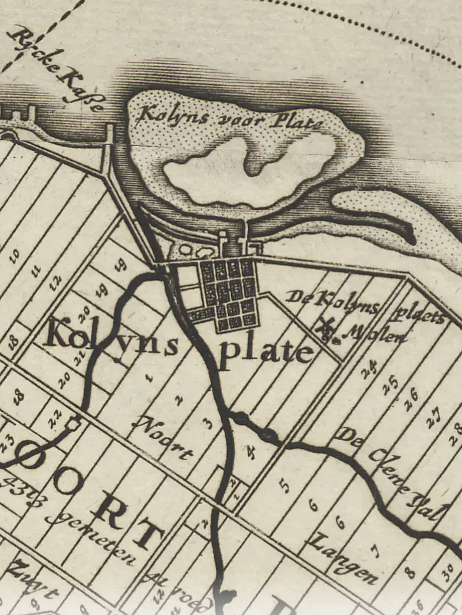 Molen 13733 D' Kolynsplaets Molen (Colijnsplaat), detail van kaart Zelandiae comitatus novissima tabula1720|delineata per Nicolaum I. Visscherum1:42 000 | Database Nederlandse molens