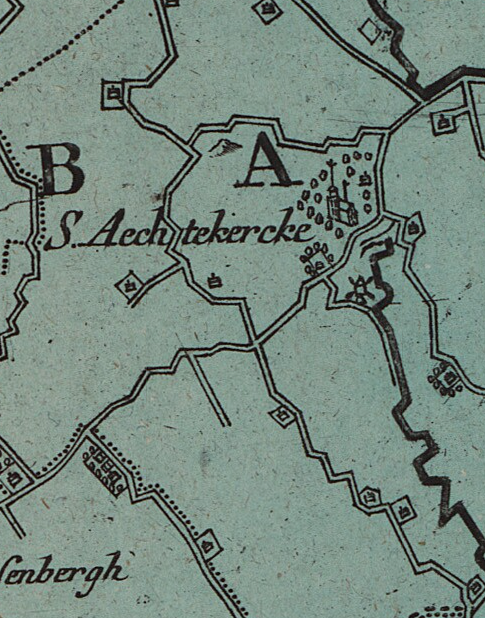 Molen 10787 (standerdmolen) (Aagtekerke), Detail van kaart (Eerste helft 18e eeuw). "Insula Walacria, in comitatu Seelandia sita". Kaart van het eiland Walcheren, door T. C. Lotter, met titel in cartouche links onderaan en "Verklaring der scheydinge int eiland Walcheren"&nbsp;
bron: Archieven.nl | Database Nederlandse molens