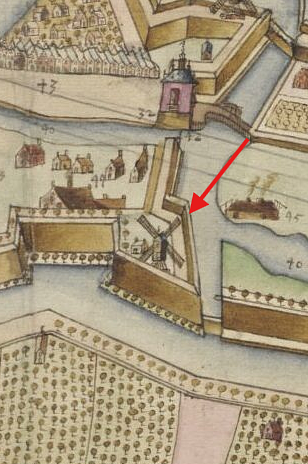 Molen 10349 Het Schaep (Goes), detail van een stadskaart 1651, bron: Erfgoed van Goes | Database Nederlandse molens