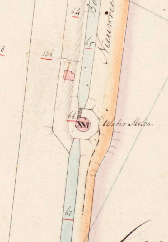 Molen 01789 bis m Nieuwkoopse Droogmakerij, Nieuwkoopse polder, 3e gang, ondermolen 16 (Nieuwveen), Kadastrale kaart 1811-1832: minuutplan Nieuwveen, Zuid-Holland, sectie B, blad 01 (MIN08135B01) | Database Nederlandse molens