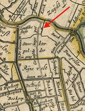 Molen 06486 n Polder Steekt, Nieuwe Steeckter Mole (Alphen aan den Rijn), detail van de Kaart van Rijnland en Amstelland in de 17e eeuw, gemaakt door Willem Blaeu | Database Nederlandse molens