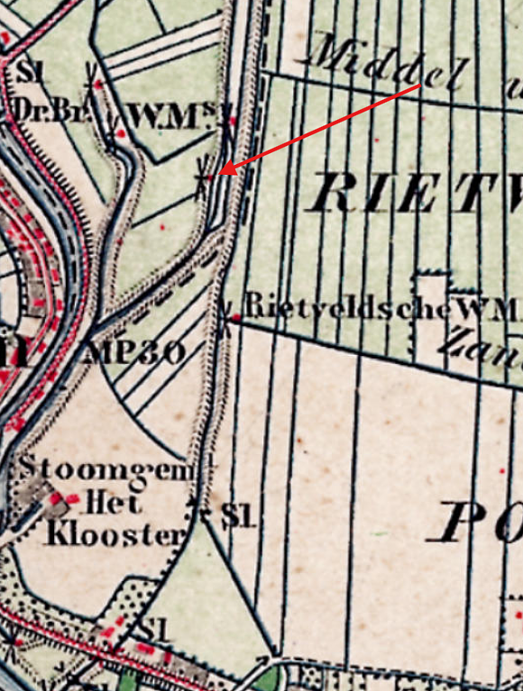 Molen 02559 t Polders Nieuwland en Leerbroek, ondermolen (5) (Arkel), detail van topografische kaart 1883 | Database Nederlandse molens