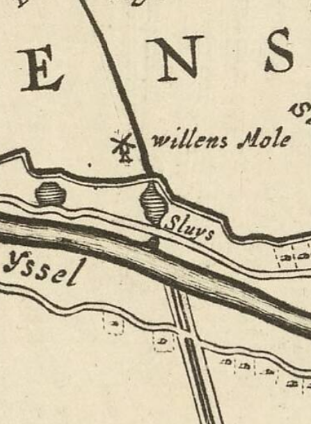 Molen 01795 bis d Polder Willens, De Willensmolen (Gouda), Nationaal Archief.nl: detail van Kaart van het hoogheemraadschap van Rijnland (1647, verbeterd in 1687) | Database Nederlandse molens