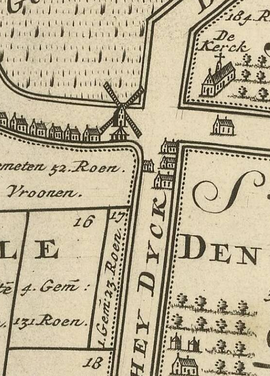 Molen 01901 a (standerdmolen) (Melissant), Nationaal Archief.nl: detail van Kaartboek van den lande van Voorne, gemaakt ingevolge resolutie van heeren breede geerfdens van 7 Juni 1695. | Database Nederlandse molens