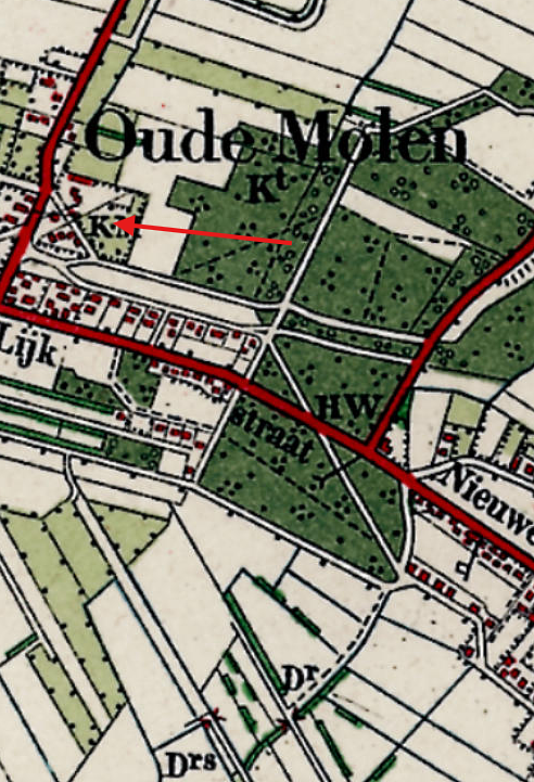 Molen 03486 e Oude Molen (Koewacht), detail van topogr.kaart 1922 | Database Nederlandse molens
