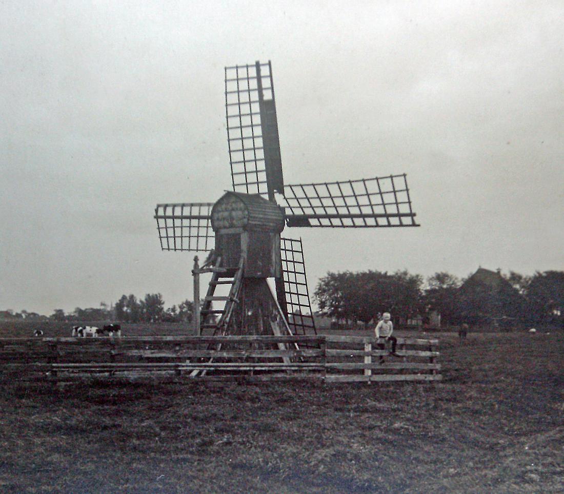 Molen 03783 Polder 50 (Leeuwarden/ Ljouwert), Collectie Frans Kraak (26-08-2026)De kleine spinnekop omstreeks 1922.Links in de verte de kerktoren van Wirdum (Fr.) | Database Nederlandse molens