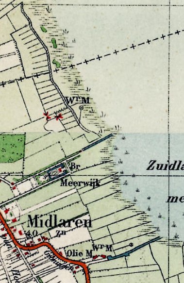 Molen 10027 Polder De Vries (Noordlaren), detail topografische kaart 1934 | Database Nederlandse molens