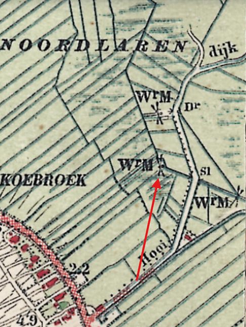 Molen 04420 v Binnenpolder Koebroek (2e plek)/ Polder 4 (Noordlaren), detail van topografische kaart 1901 | Database Nederlandse molens