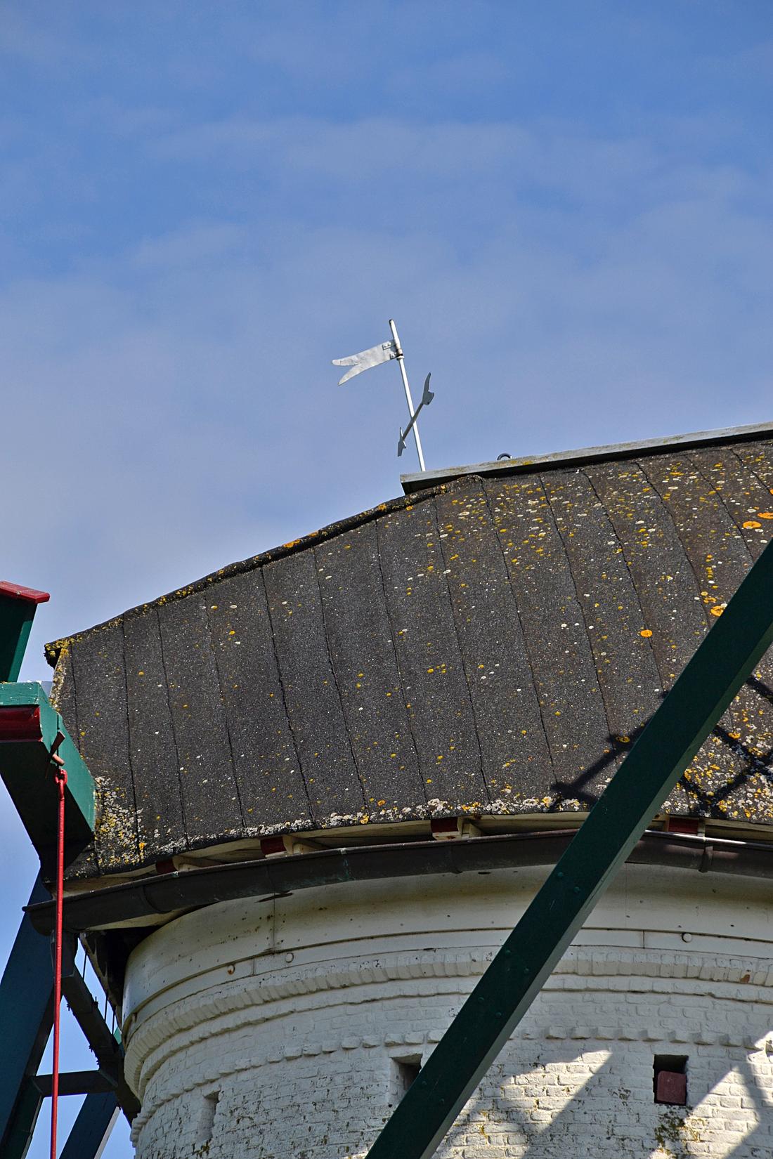 7, Molen 01872 De Jager (Oud-Vossemeer), Rob Pols (26-08-2026)De eenvoudige, maar markante windwijzer. Maar wat is de nut van die vaste pijl op een kruibare kap? | Database Nederlandse molens