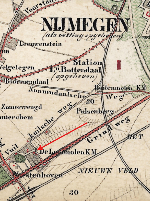 Molen 12288 Looijmolen (Nijmegen), detail van topografische kaart 1887 | Database Nederlandse molens
