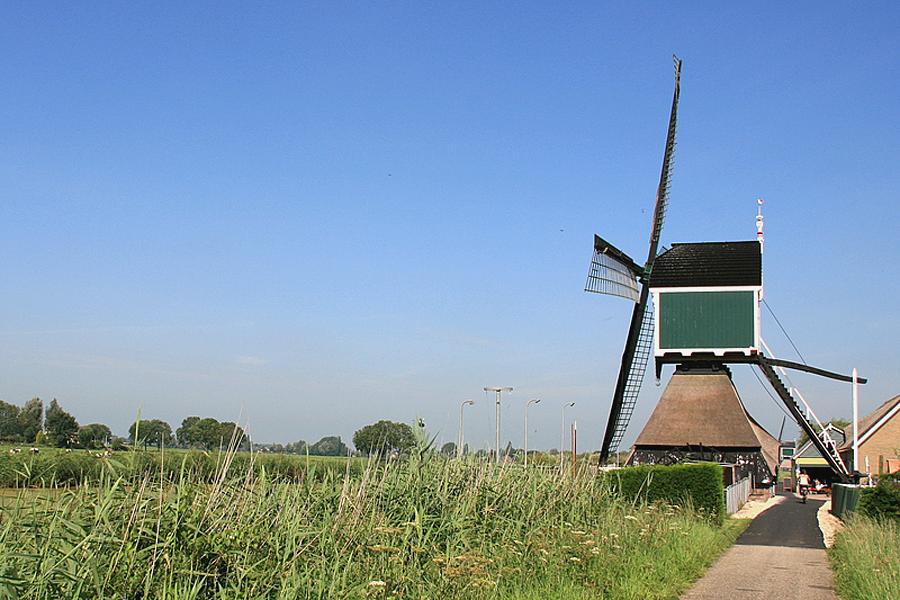 2, Molen 01488 Graaflandse Molen (Groot-Ammers), Onder de trap op de achtergrond de Gelkenes Molen.  John Scholte (2-8-2011). | Database Nederlandse molens media-bestand