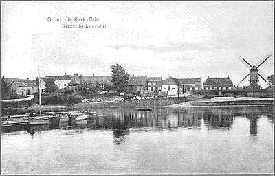 1, Molen 02620 a Korenmolen van Kerkdriel (Kerkdriel), Ansichtkaart, rond 1907: gezicht op Kerkdriel vanaf de Maas gezien | Database Nederlandse molens media-bestand