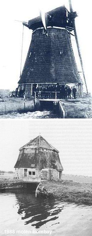 1, Molen 04450 b Polder De Bombay, De Bombay (Doezum), Boven:ingebruikname dieselaandrijving in 1931onder: de deels afgebroken molen | Database Nederlandse molens media-bestand