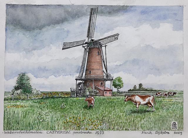 3, Molen 02513 Wolfwinkelsemolen / Casterensemolen (Casteren), Aquarel van Henk Dijkstra, 2003 naar de situatie van 1933 | Database Nederlandse molens media-bestand