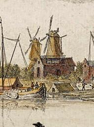 Molen 12089 Het Varken (Dordrecht), uitsnede, het gaat om de linker molen, rechts is de Nachtegaal | Database Nederlandse molens media-bestand