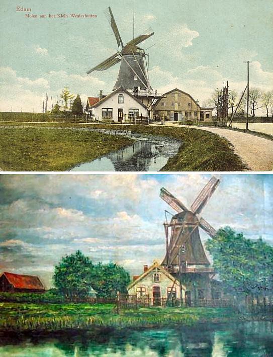 1, Molen 01056 t De Vervanger (Edam), boven:Ansichtkaart, collectie H. NootSchilderij: F. Wigman (1933), collectie O. Igesz | Database Nederlandse molens media-bestand