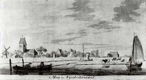 1, Molen 06928 (korenmolen) (Heeg/ Heech), Tekening H. Tavenier 1786, situatie rond 1740 | Database Nederlandse molens media-bestand