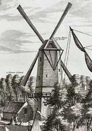 Molen 12353 De Bul (2e) (Alkmaar), Deel van ets van L. Schenk, 1725. Met schuine stellingschoren | Database Nederlandse molens media-bestand