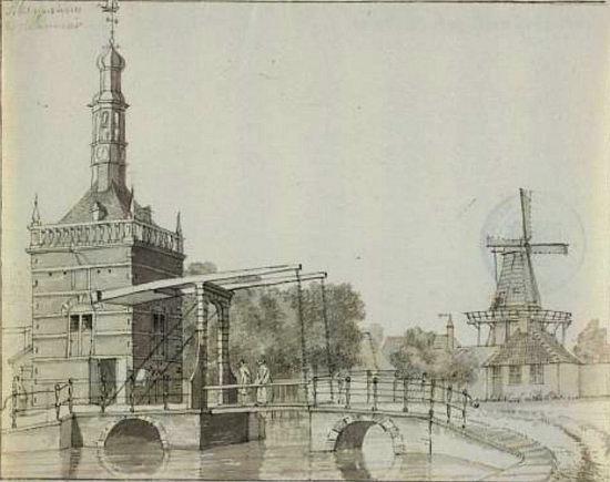 1, Molen 12353 De Bul (2e) (Alkmaar), Tekening Hendrik de Winter, 1785. Met verticale stellinschoren | Database Nederlandse molens media-bestand