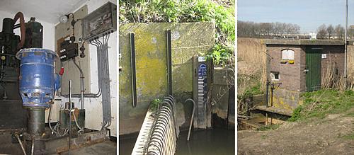 2, Molen 01265 Polder Kijfhoek, Kijfhoekmolen (Zwijndrecht), Foto's: N. Sonneveld, 18 maart 2009vlnr:Het gemaal van binnen,  waterpeil en het gemaal | Database Nederlandse molens media-bestand