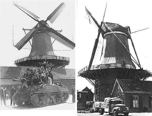 1, Molen 01237 De Hoop (Harderwijk), boven, foto 17 april 1945 Bevrijdingonder ansichtkaart Serie 48 nr 3 | Database Nederlandse molens media-bestand