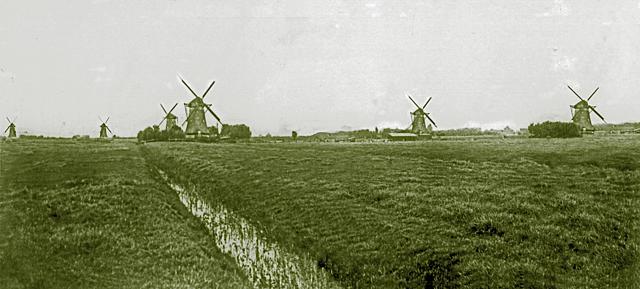 1, Molen 00928 Eendragtspolder, Nr. 2, Zuidelijke bovenste middelmolen (Zevenhuizen), vlnr de molens 1, 2, 5, 3, 4, 6, afb. coll. Arie Dekker | Database Nederlandse molens media-bestand