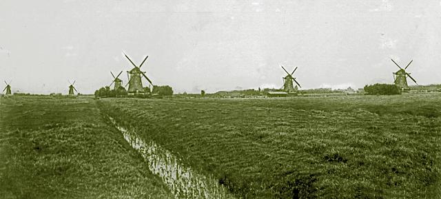 1, Molen 00927 Eendragtspolder,  Nr. 1 , Noordelijke bovenste middelmolen (Zevenhuizen), vlnr de molens 1, 2, 5, 3, 4, 6, coll. Arie Dekker | Database Nederlandse molens media-bestand