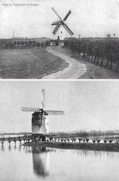 1, Molen 00857 Huissense Windmolen (Huissen), Boven: de molen in een droge uiterwaardonder, molen bij hoog water, bron:Ons Mooi Nederland   | Database Nederlandse molens media-bestand