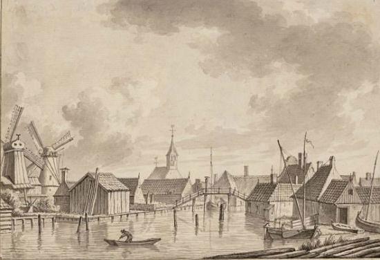 1, Molen 02552 e De Lamoenboom / De Hoop (Nieuwendam), Links De Oude Mol, ernaast De Hoop. Prent: Hendrik de Winter, 1780. | Database Nederlandse molens media-bestand