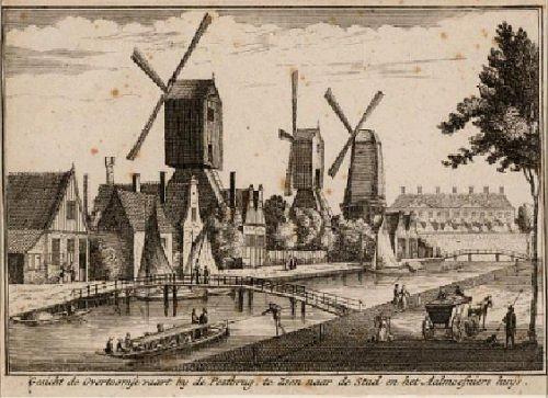1, Molen 13119 De Spinder (1e) (Amsterdam), Ets van A. Rademaker. Vlnr. Spinner, Vier Winden, Roosenboom | Database Nederlandse molens media-bestand