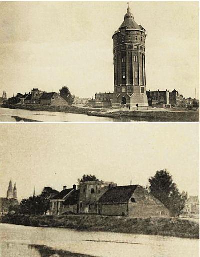 3, Molen 00433 d De Oude Held / De Barkmolen (Groningen), Het Reitdiep ca 1912, met de watertoren en het restant van de molen | Database Nederlandse molens media-bestand