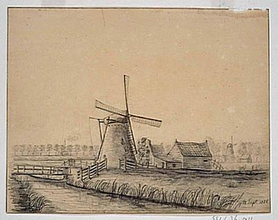 2, Molen 02877 c Vierpolders, bovenmolen (Dordrecht), Auteur: S. van Gijn, 13 september 1855, vanuit het oosten gezien | Database Nederlandse molens media-bestand