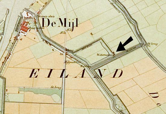 1, Molen 02877 c Vierpolders, bovenmolen (Dordrecht), fragment kaart 1857 van Rijkswaterstaat | Database Nederlandse molens media-bestand