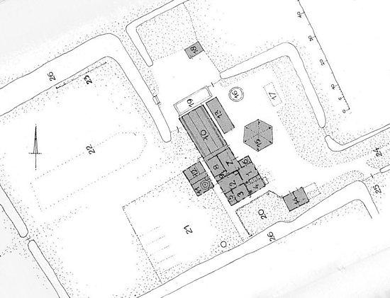 1, Molen 16624 Rosmolen van Vrederust (Den Haag), Plattegrond bij het art. (N naar boven gedraaid), 11 was de rosmolen, 24 de oprijlaan naar Lozerlaan | Database Nederlandse molens media-bestand