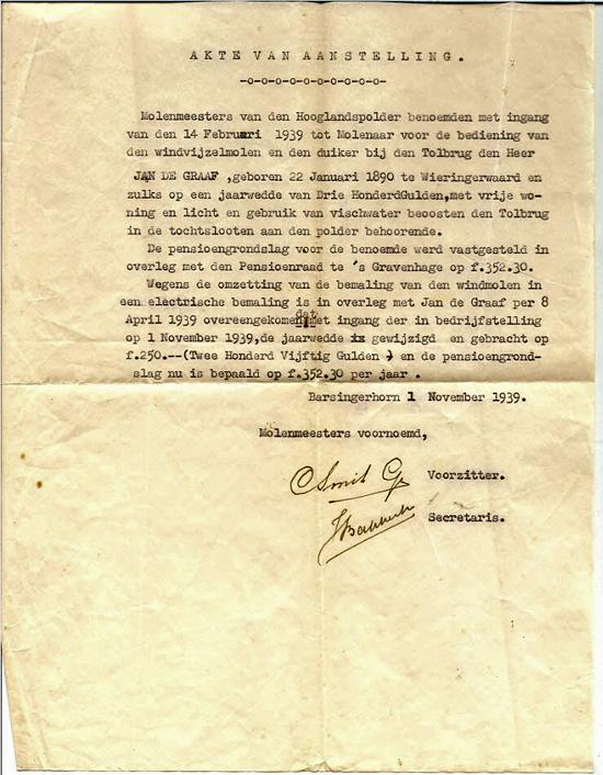 2, Molen 00332 Hooglandspolder, De Hogelandsmolen (Barsingerhorn), Akte van Aanstelling van Jan de Graaf, coll.Jan de Wit | Database Nederlandse molens media-bestand