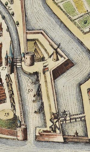 Molen 11797 (standerdmolen) (Kampen), Detial kaart Joan Blaeu, 1649 (N is rechts, de oostelijke molen) | Database Nederlandse molens media-bestand