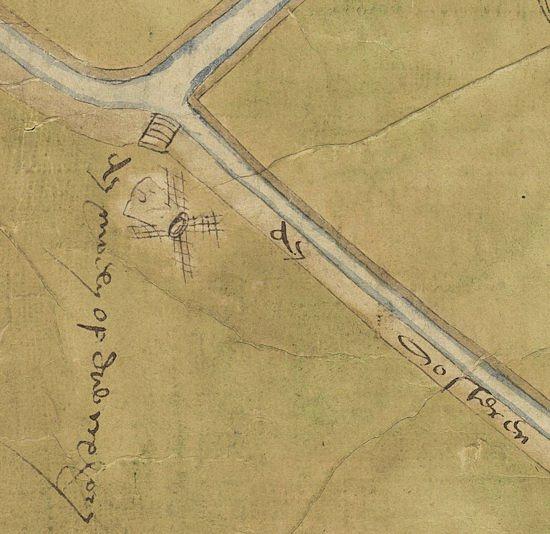 1, Molen 02558 a Ringpolder, westelijke molen (Sint Maarten), Detail kaart Pieter Cornelisz Cort van 1590: de molen op Dirxhorn | Database Nederlandse molens media-bestand