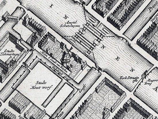 1, Molen 10109 Het Land van Beloften / De Eendracht / De Binnen Tuchthuismolen / De Rooseboom (Amsterdam), Detail van kaart, De Broen 1724 | Database Nederlandse molens media-bestand