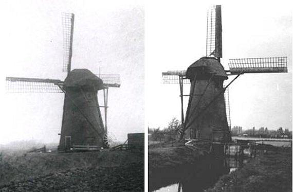 1, Molen 02767 Polder Nieuw Pendrecht, Pendrechtse molen (Rotterdam, stadsdeel Charlois), Links:Oud-Hollands wieksysteem in 1933Rechts: Dekker wieksysteem in 1949, foto's n.n. | Database Nederlandse molens media-bestand