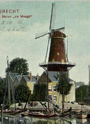 Molen 03940 q De Maagd / De Dordtsche Maagd (Dordrecht), uitsnede van ansichtkaart, coll. Nico van Dam | Database Nederlandse molens media-bestand