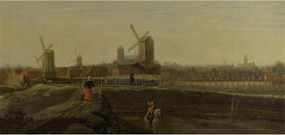 1, Molen 07052 De Witte Arend (Dordrecht), Schilderij van W v Drielenburgh, 1655ca (de molen in het midden) | Database Nederlandse molens media-bestand