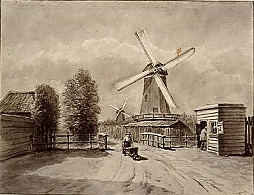 1, Molen 12090 De Oude Zager (Dordrecht), Tekening: n.n., ca. 1840 (coll. D. van Asperen) | Database Nederlandse molens media-bestand