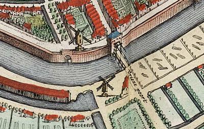 1, Molen 12055 De Hoogmoed /De Hoogmoet (Dordrecht), fragment kaart J. Blaeu, 1649, het gaat hier om de onderste molen | Database Nederlandse molens media-bestand