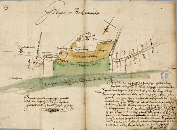 1, Molen 00397 De Olde Kaste / Baakse molen (Baak), kaartje uit 1634, Gelders Archief, zoektermen: Baak, 1634  | Database Nederlandse molens media-bestand