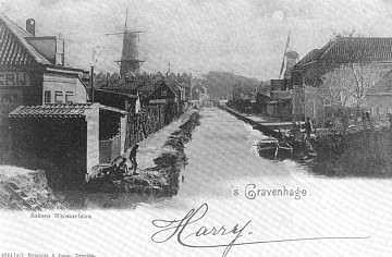 1, Molen 03603 c Haanmolen / De Rode Haan (Den Haag), Ansichtkaart, de Saksen Weimarlaan, nu Waldeck Pyrmontkadelinks De Haanmolen,rechts De Haasmolen | Database Nederlandse molens media-bestand