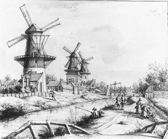 1, Molen 06676 k De Valck / Valkmolen (Den Haag ), vlnr. Valkmolen, Heerjensmolen, Zuidmolen.Collectie Gemeentearchief Den Haag © | Database Nederlandse molens media-bestand