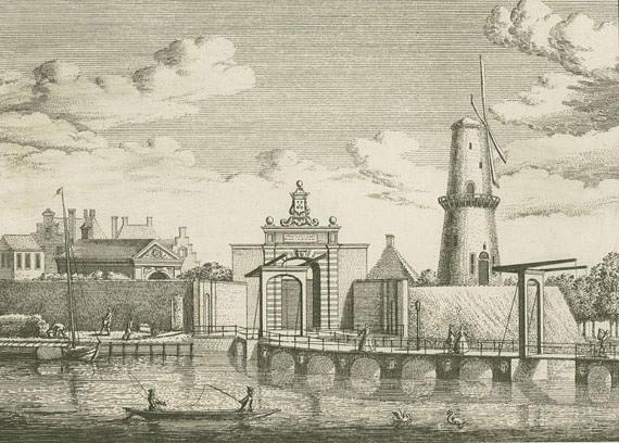 1, Molen 06677 m De Lely / De Leley (walmolen) (Leiden), Ets van Rademaker rond 1730, (verz.P.v.Driel) | Database Nederlandse molens media-bestand