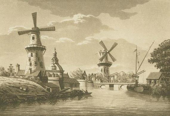 2, Molen 06677 m De Lely / De Leley (walmolen) (Leiden), Gravure van Samuel Ireland, 1795, links De Korenbloem, rechts de Lely (ver.P.v.Driel) | Database Nederlandse molens media-bestand